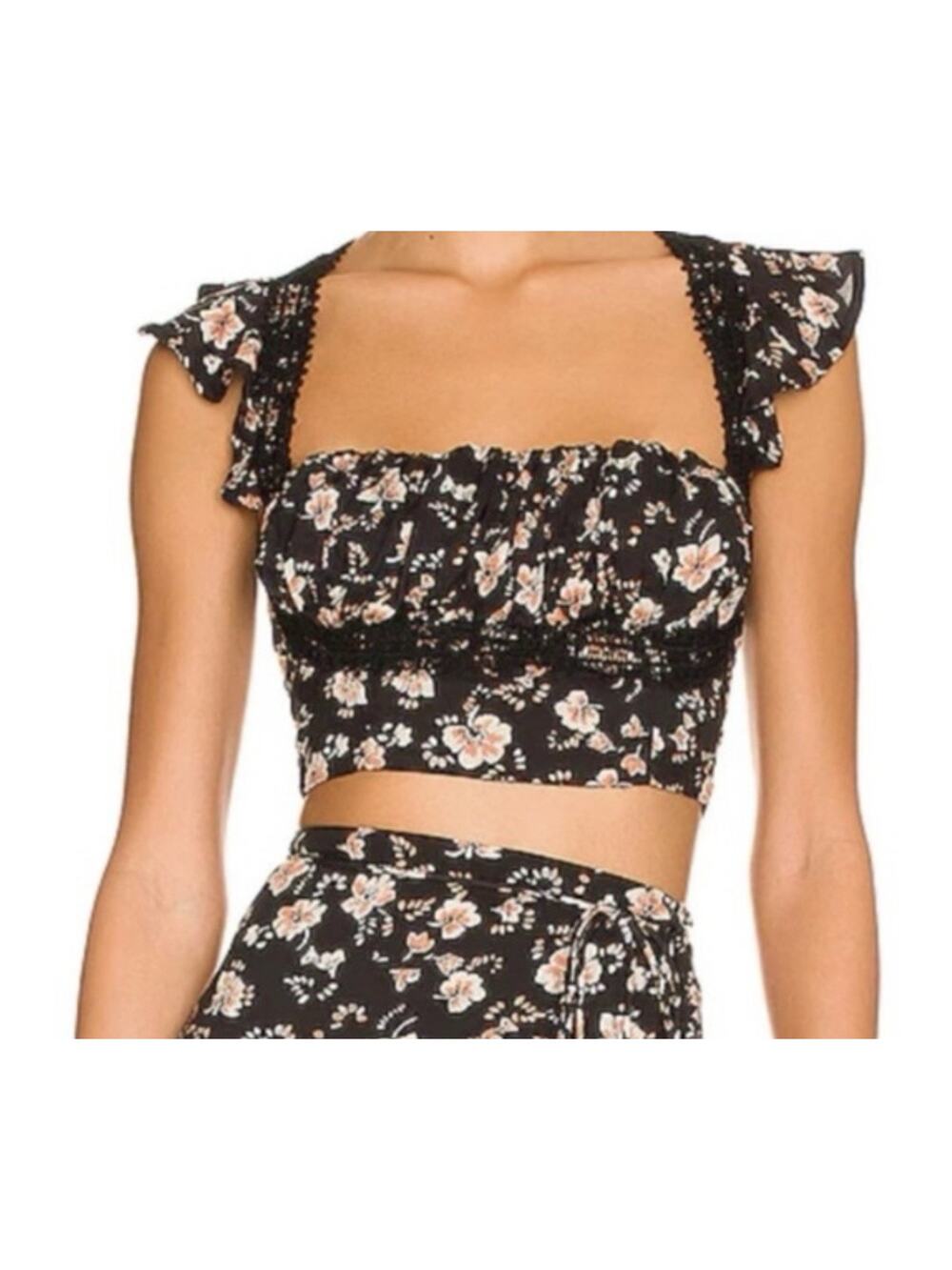 NWOTFree People Top Bijou Square Neck Floral Ruffle Sleeve Shoulder Tie Size 10